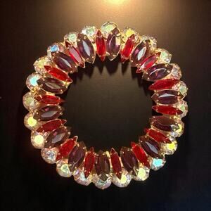 VTG JULIANA Delizza & Elster Red & Aurora Borealis Large 3” Rhinestone Brooch